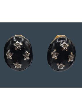 Courreges Paris Black Enamel Starburst Clip On Earrings Modernist Celestial Star